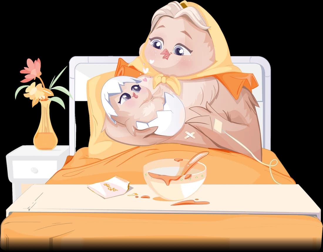 مادرِ جوجه در تخت، جوجه‌ی تازه‌به‌دنیاآمده را در آغوش گرفته و یک کاسه کاچی روی سینیِ کنارش است