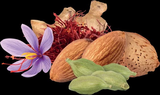 گلِ زعفران، رشته‌های زعفران، زنجبیل، بادام درختی و هل