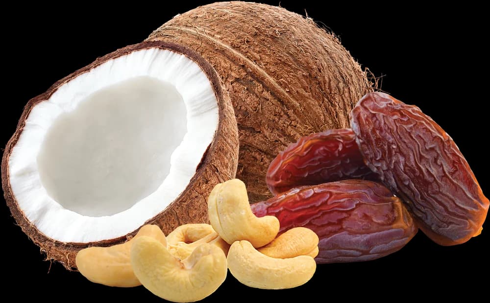 نارگیلِ نصفشده، بادام هندی و خرما